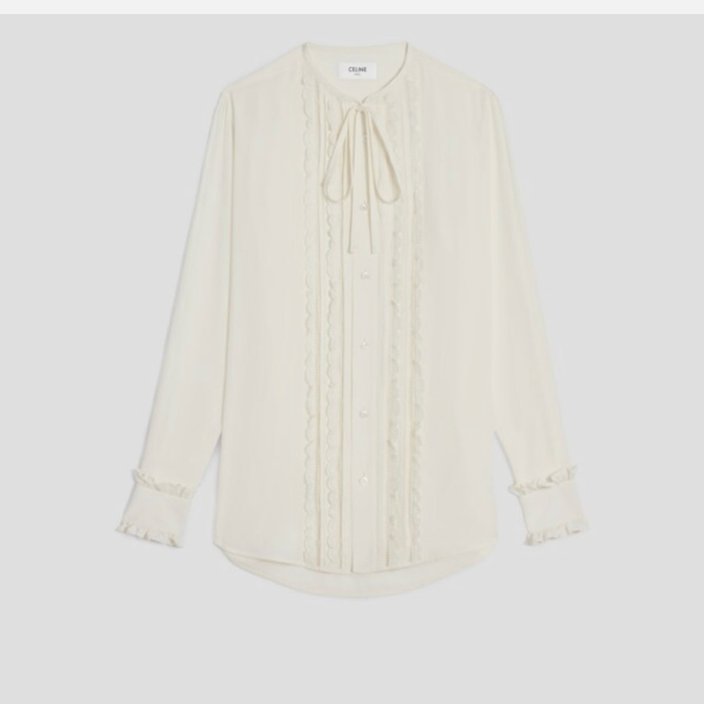 Celine Ivory Romy Lace-Trim Button Down Tie-Neck Blouse NWT Size 38